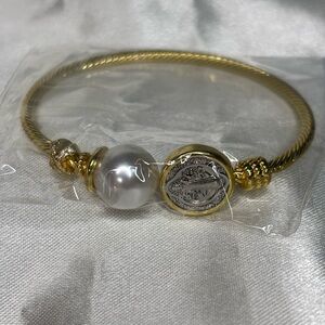 Pearl, Gold, and Silver Bangle Bracelet